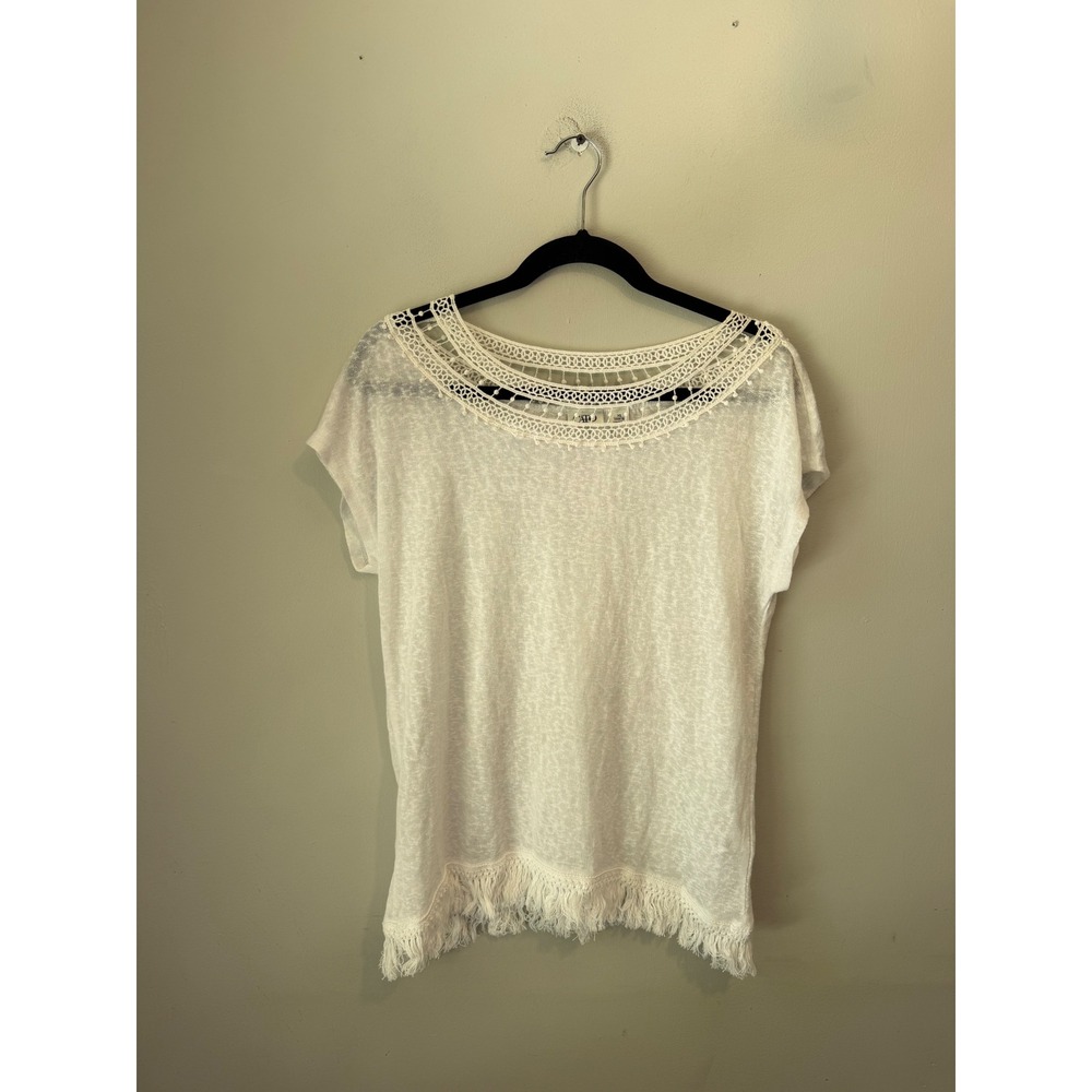 Cato Womens White Crochet Lace Neck Fringe Hem Short Sleeve Top XS Slub Knit